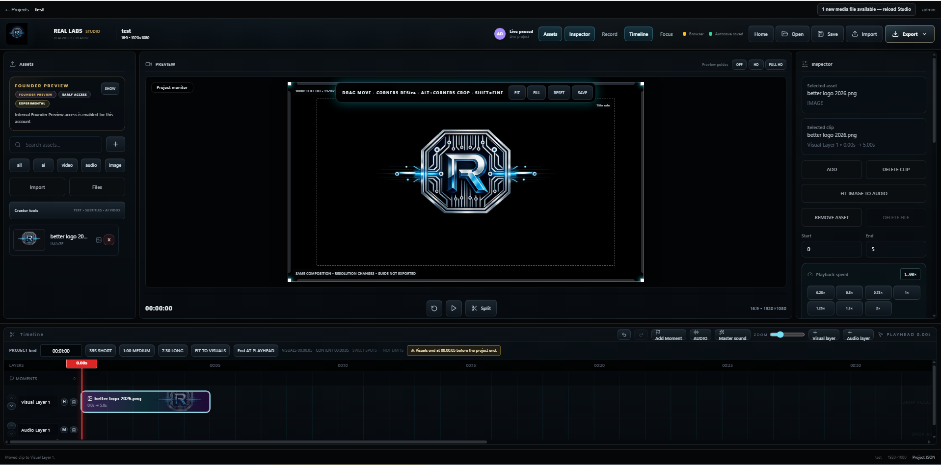 RealVideoCreator Studio showing the professional browser timeline, preview monitor, assets panel, inspector, Moments, and per-clip playback speed controls.