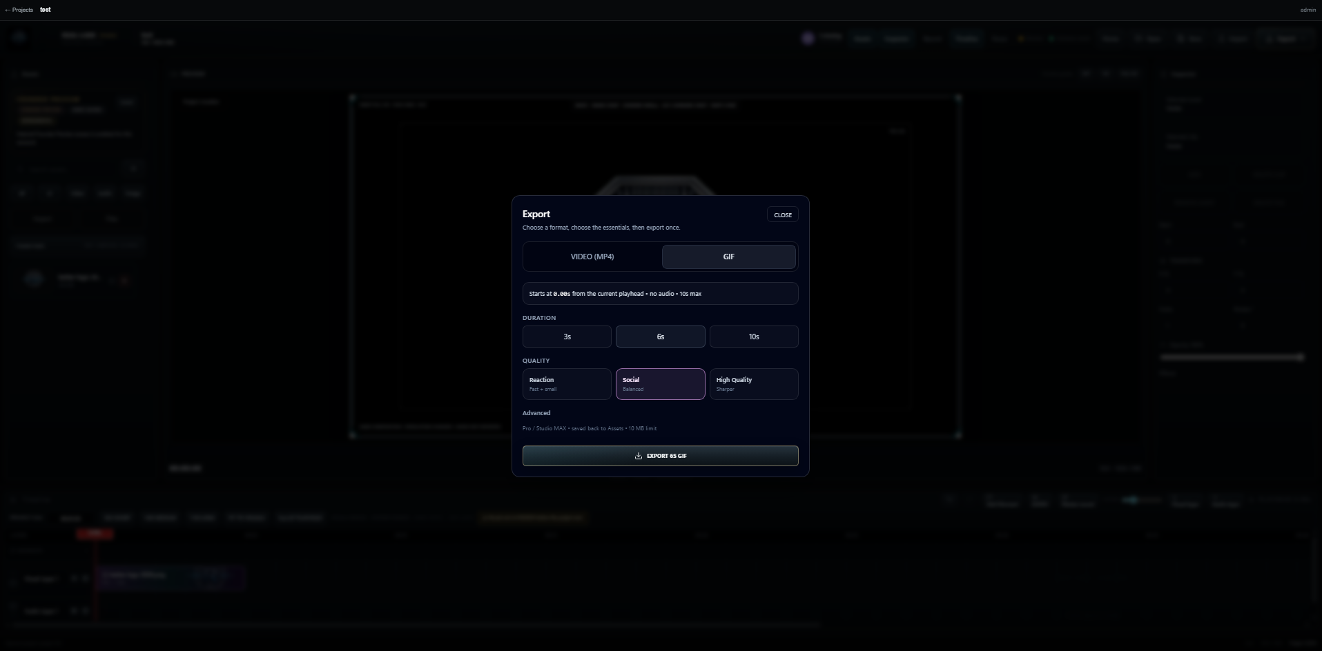 RealVideoCreator GIF export panel with duration and quality presets.