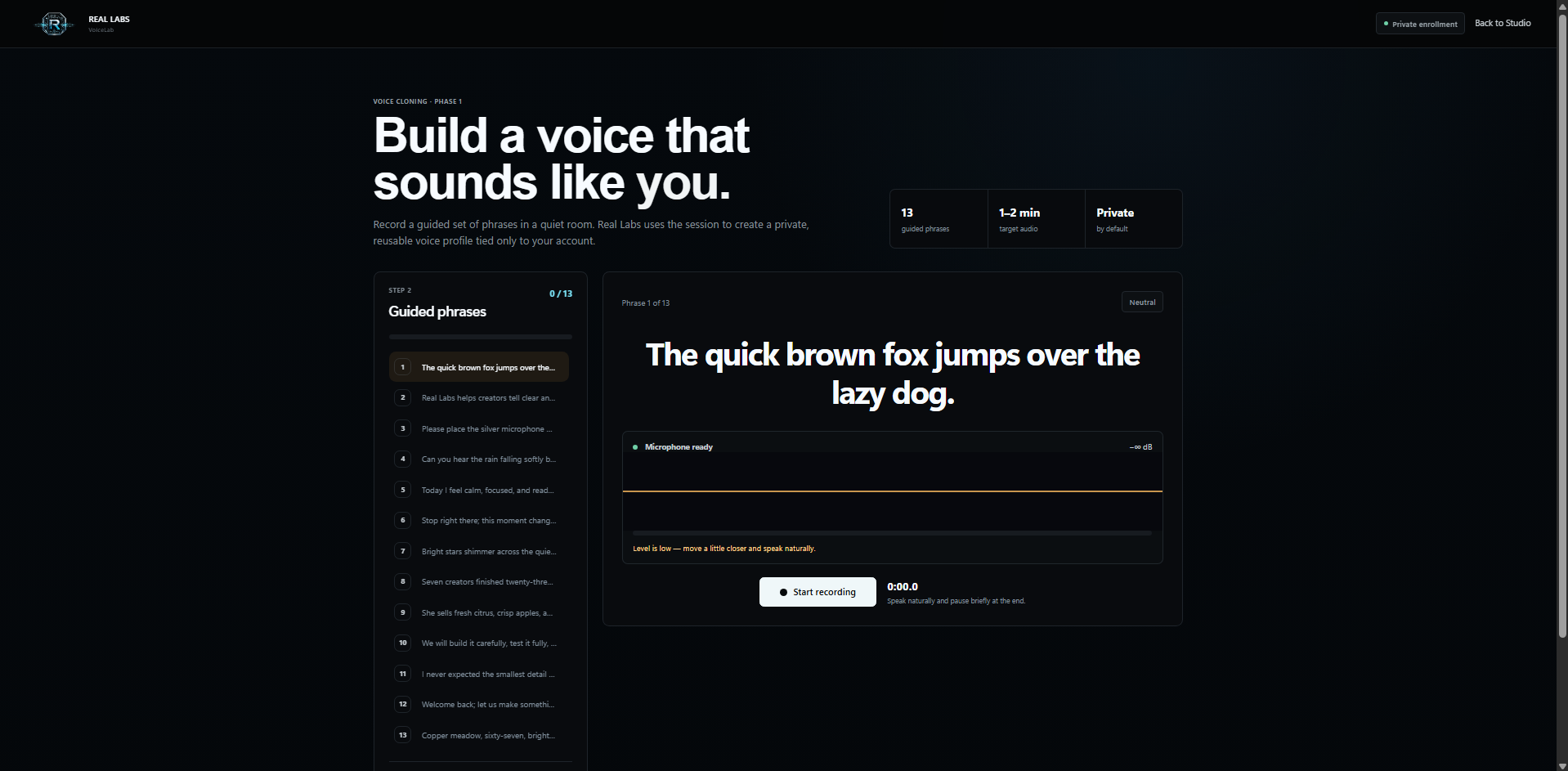 VoiceLab private voice enrollment with guided phrases, microphone status, and recording controls.