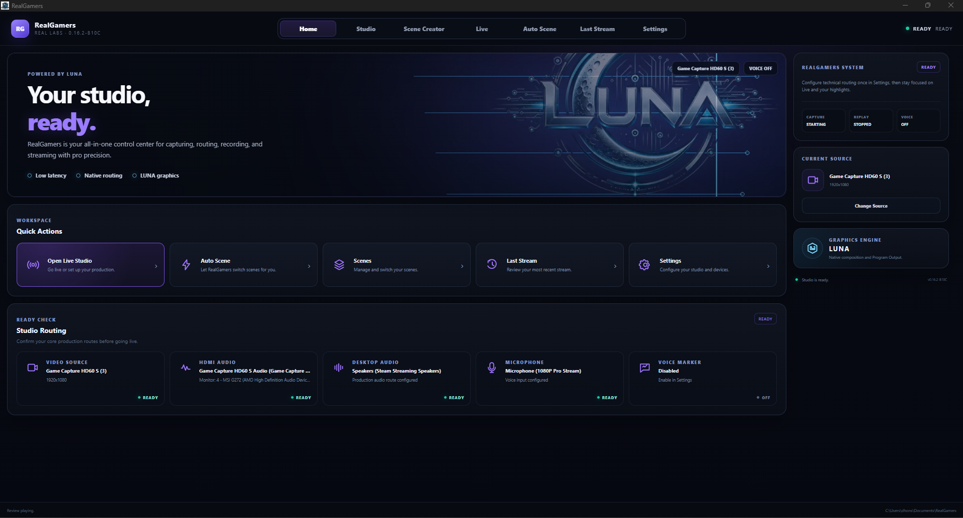 Real Gamers home dashboard with LUNA graphics engine status and studio routing.