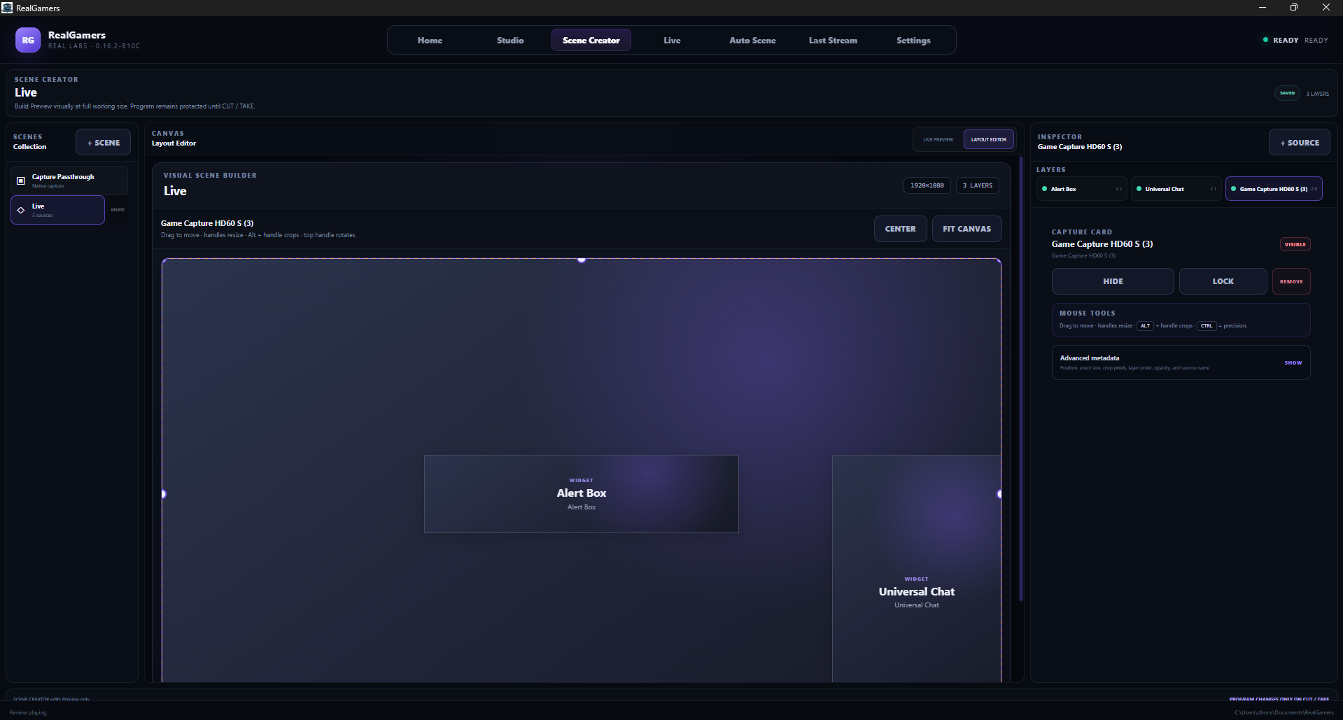 Real Gamers Scene Creator layout editor with creator overlay regions.